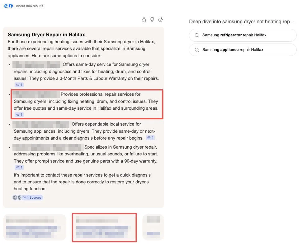 An AI answer in Bing Copilot recommending a Halifax appliance repair company